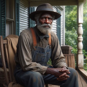 AI generated image of an aged African American man sitting on the front porch of a farmhouse, circa 1890.